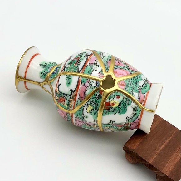 Chinese Famile Rose Kintsugi Vase Vintage Marked Gold Crack Japanese Growth Gift - Picture 12 of 14